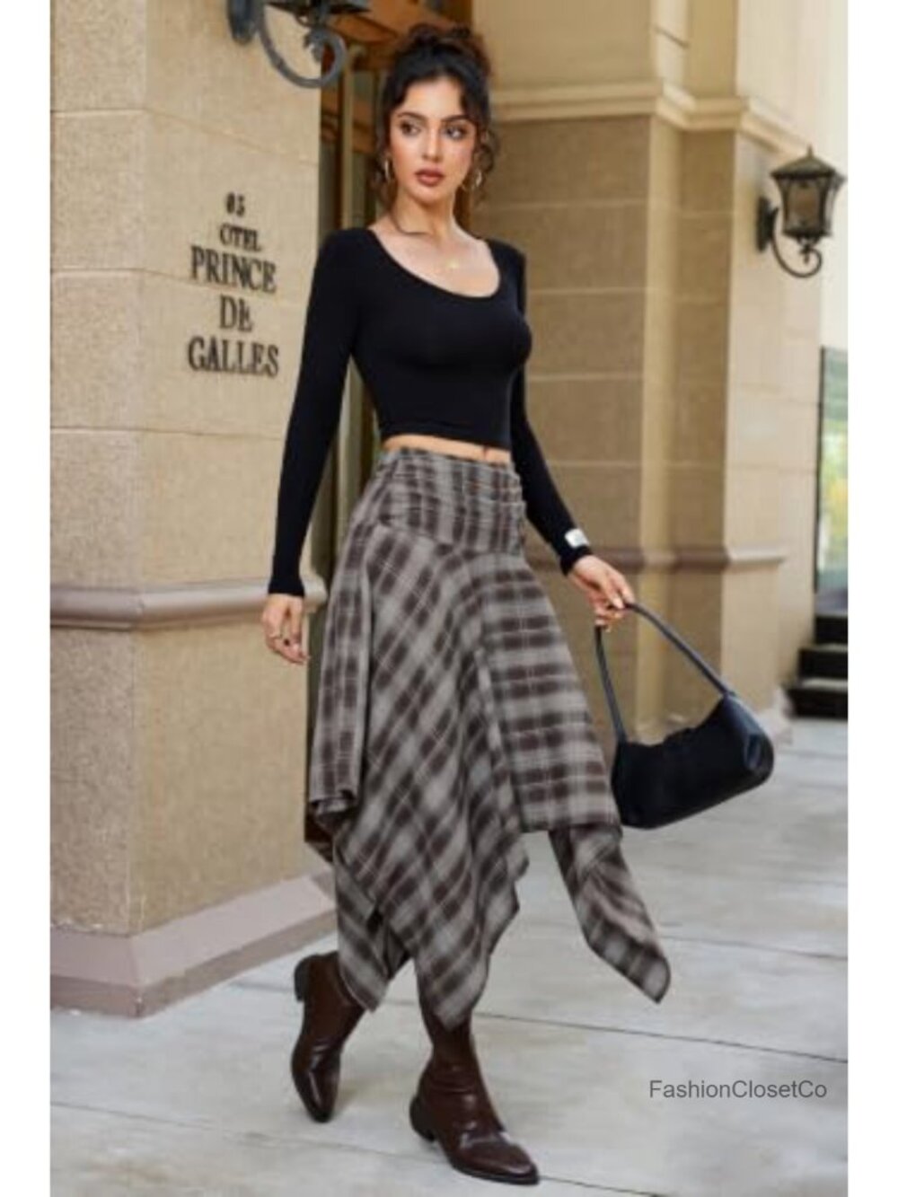 Asymmetrical Plaid Midi Skirt Y2K Handkerchief Hem High Rise - Picture 2 of 5
